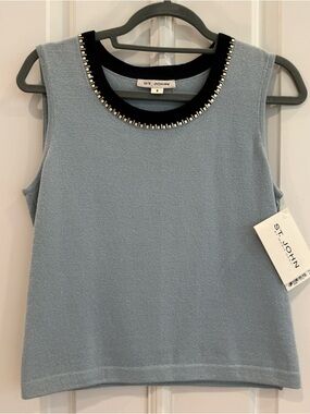 St. John NWT Navy Baby Blue Knit Shell Gold Trim Size Small